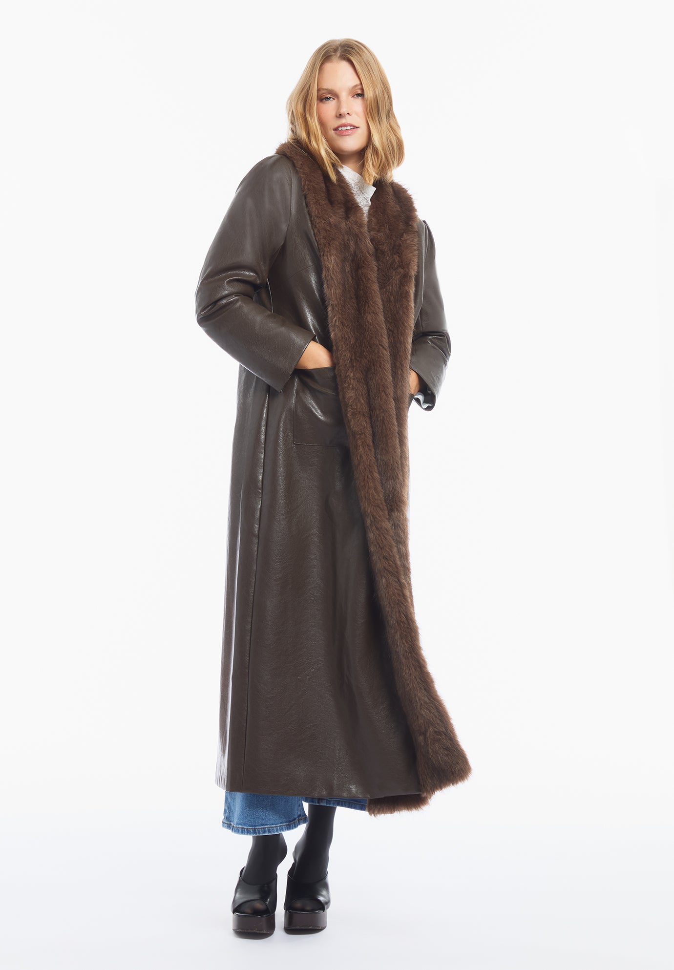 Faux Fur-Trim Faux Leather Coat image number 1