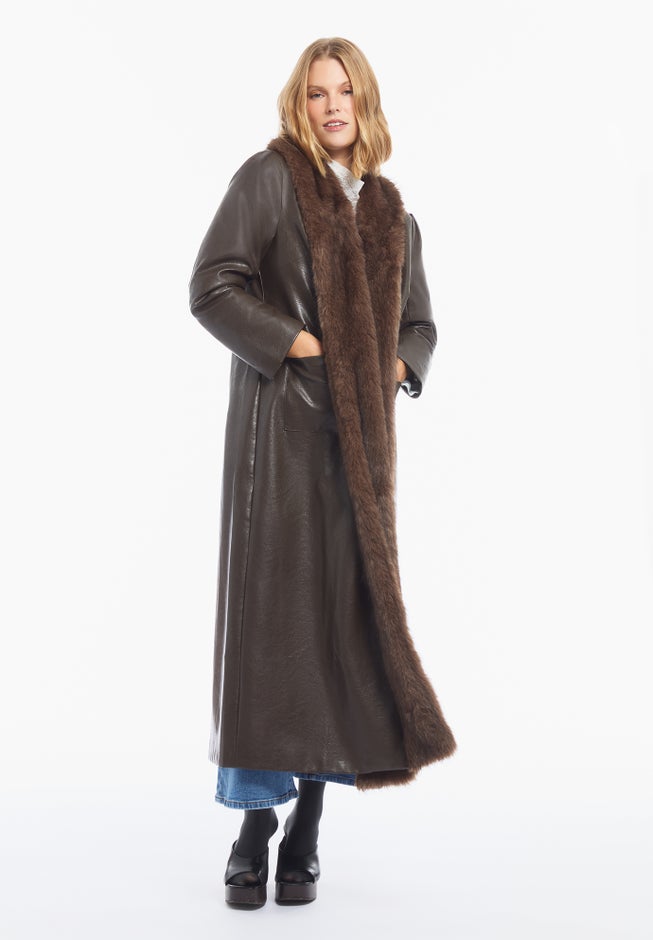 Faux Fur-Trim Faux Leather Coat image number 1