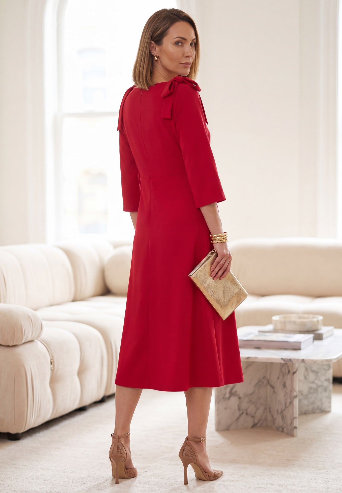 Bow-Sleeve Fit-and-Flare Midi Dress image number 1