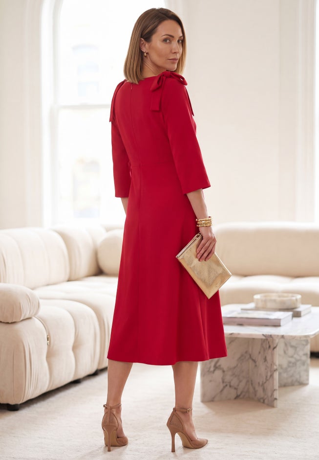 Bow-Sleeve Fit-and-Flare Midi Dress image number 1