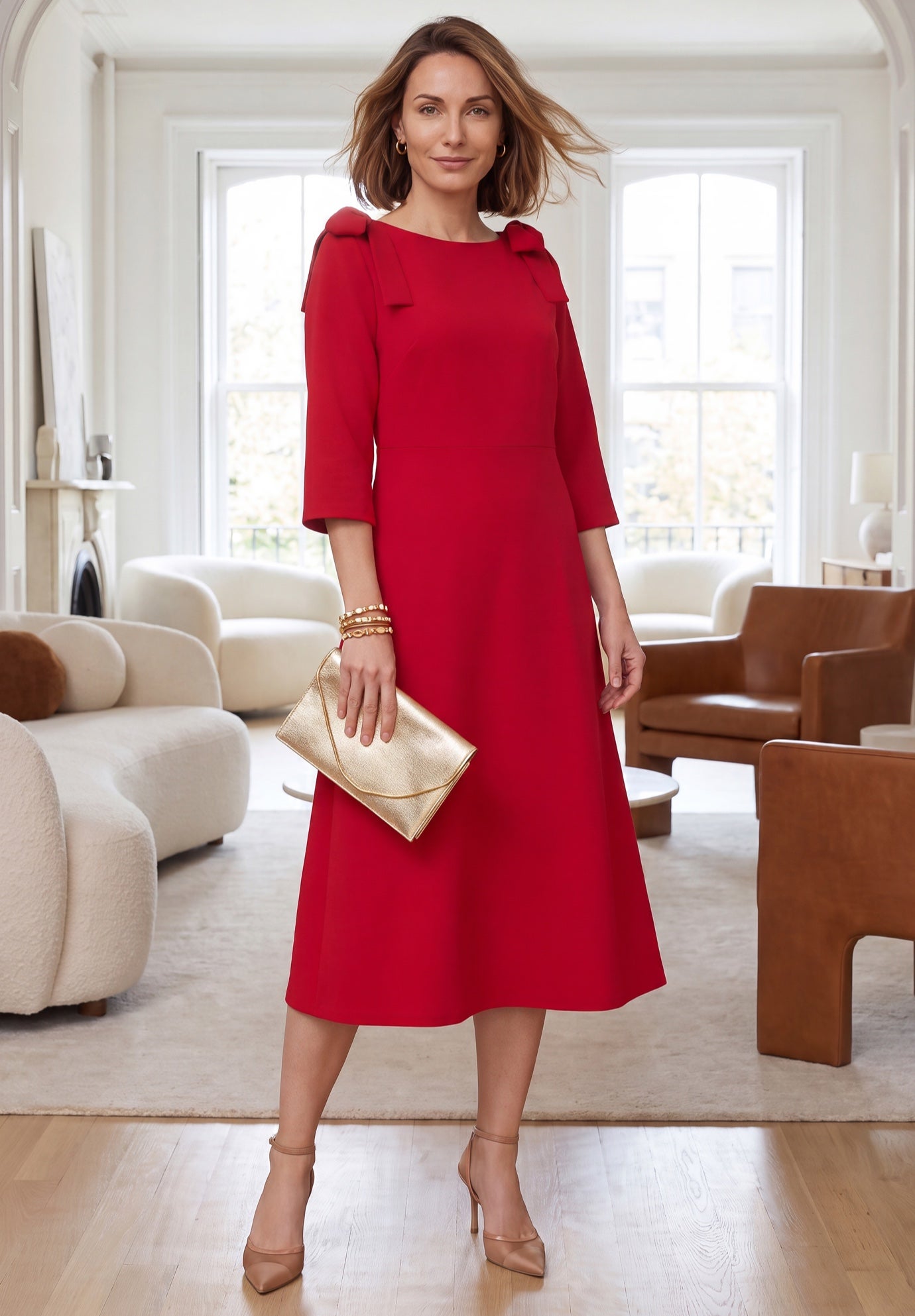 Bow-Sleeve Fit-and-Flare Midi Dress image number 0