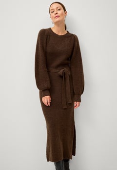 A-Line Crewneck Belted Maxi Sweater Dress With Side Slits