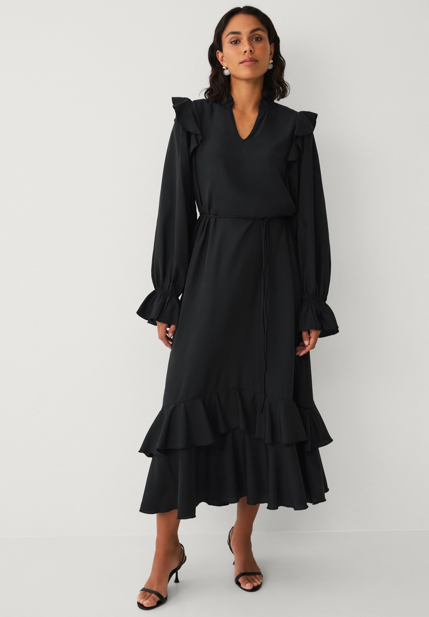 A-Line Notch Neck Ruffle Maxi Dress With Tie Waist image number 1