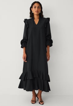 A-Line Notch Neck Ruffle Maxi Dress With Tie Waist
