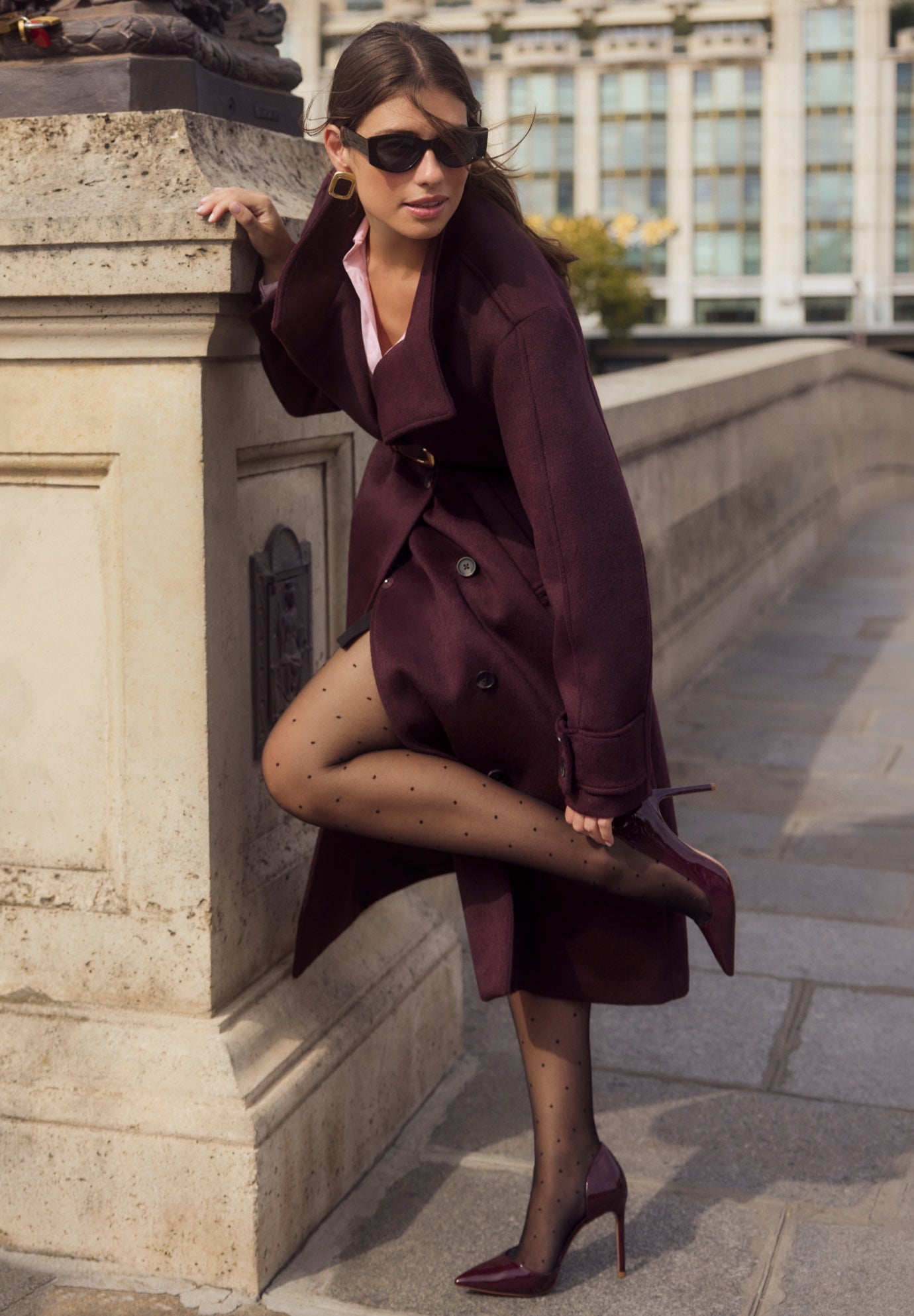 Long Double-Breasted Wool-Blend Belted Coat image number 3