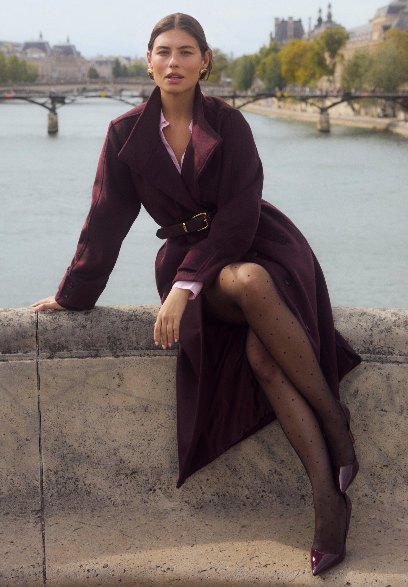 Long Double-Breasted Wool-Blend Belted Coat image number 4