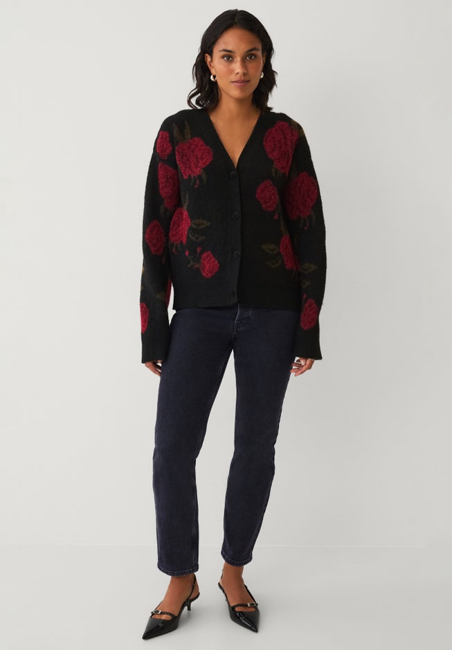 Wool-Blend V-Neckline Ribbed Boxy Rose Knit Cardigan image number 4