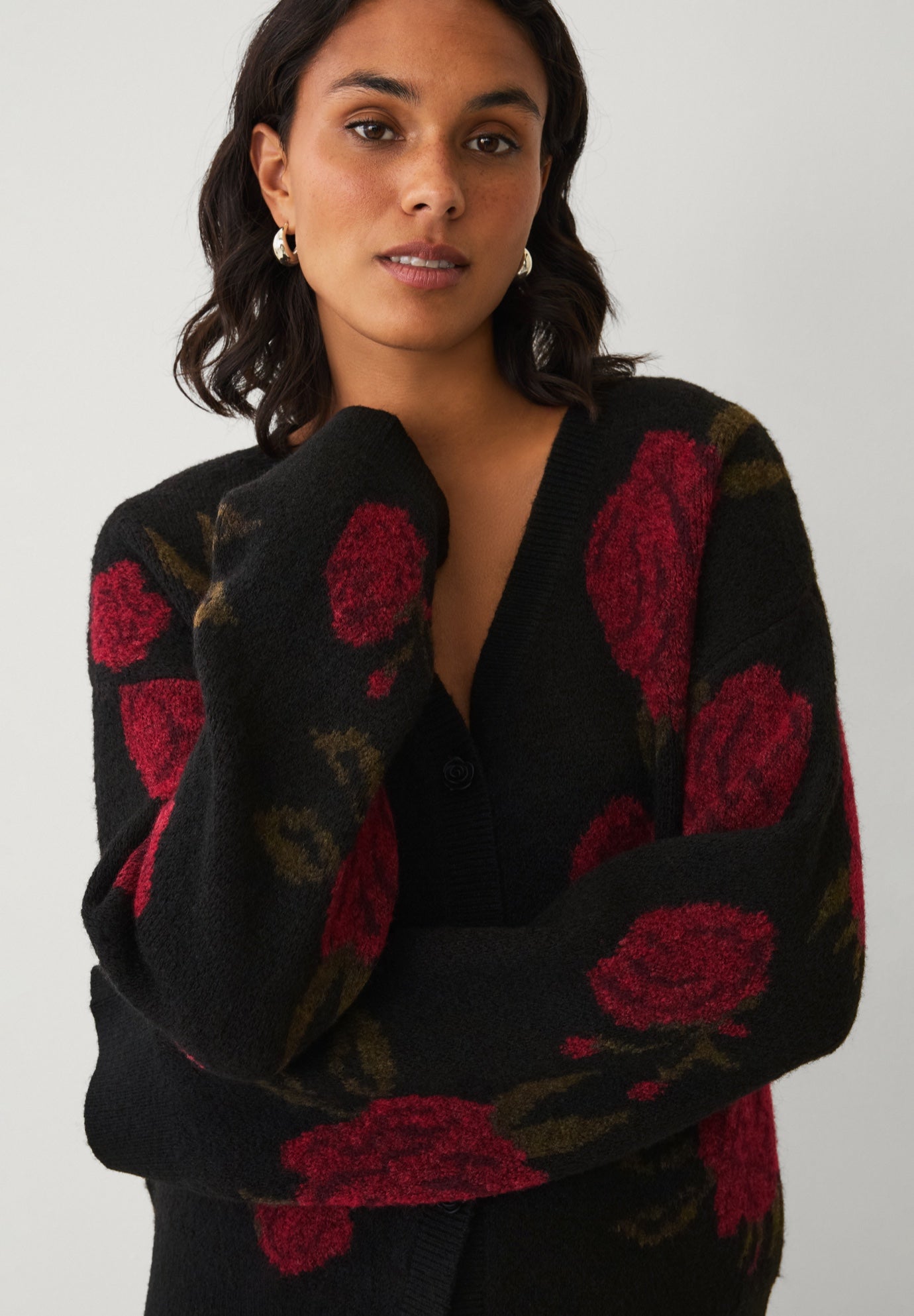 Wool-Blend V-Neckline Ribbed Boxy Rose Knit Cardigan image number 0