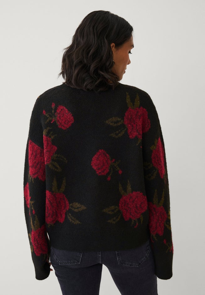 Wool-Blend V-Neckline Ribbed Boxy Rose Knit Cardigan image number 2