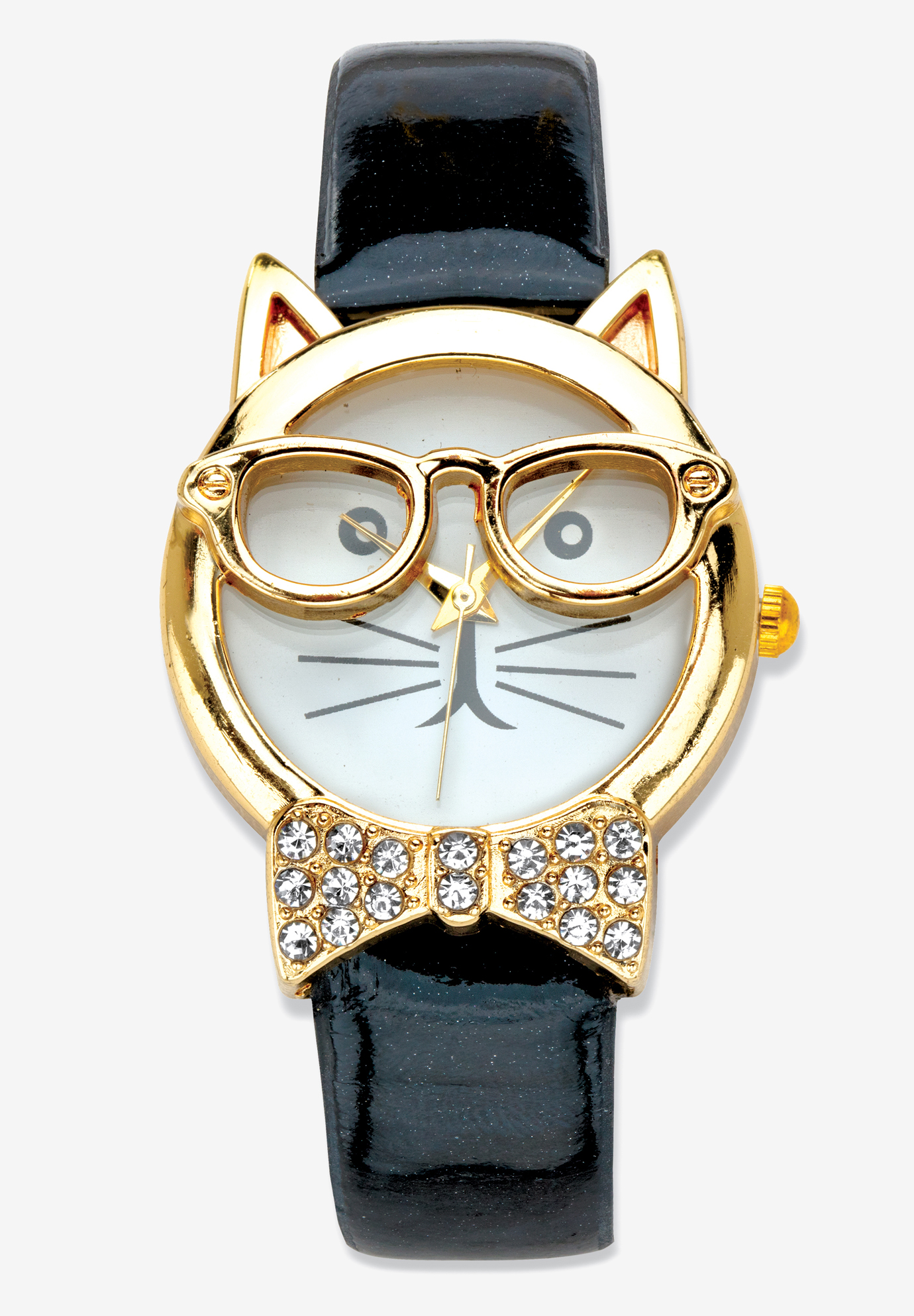 Gold Tone Bowtie Cat Watch with Adjustable Black Strap 8&quot;, BLACK