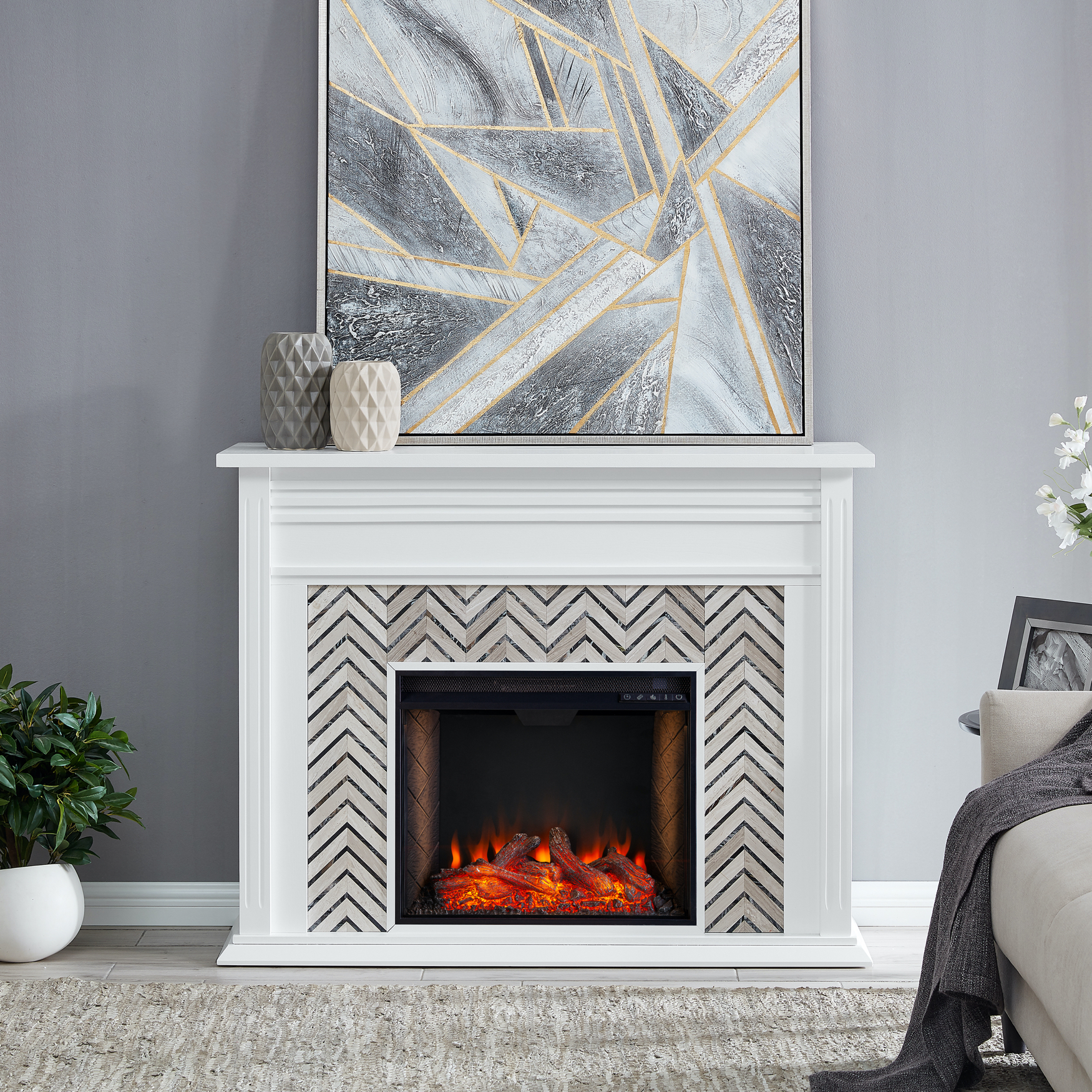 Hebbington Tiled Fireplace w/ Smart Firebox, WHITE