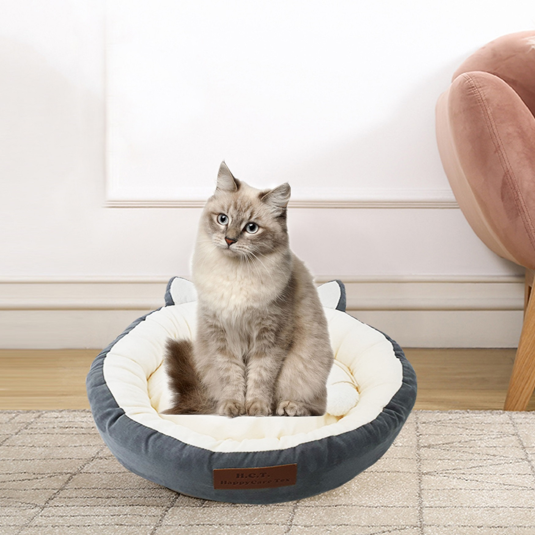 GREY Printing poly-cotton cozy round cat bed , 21 inch, GREY