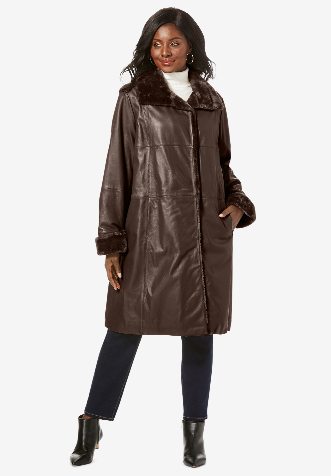 Fur-Trim Leather Swing Coat, 