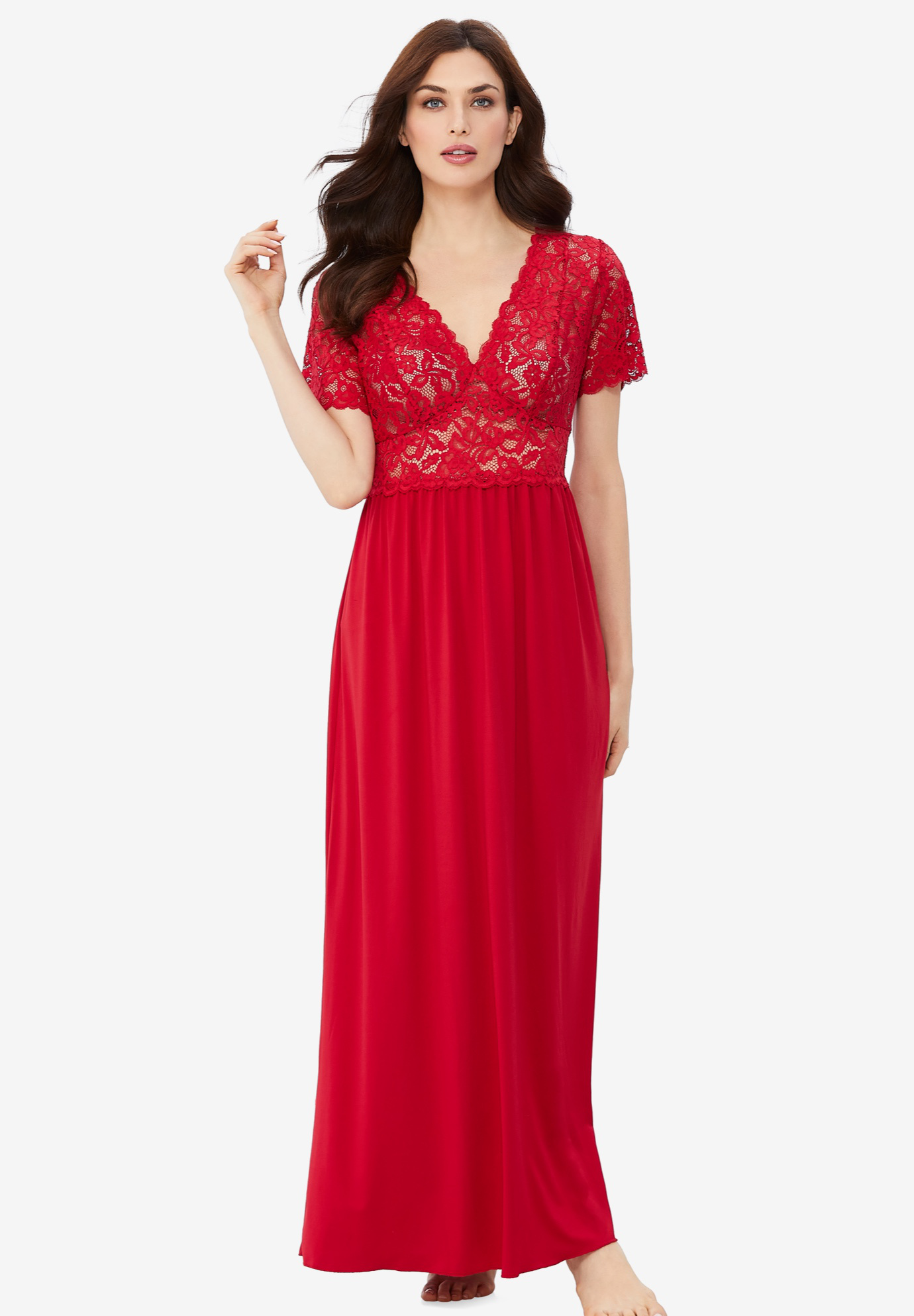 Long Lace Top Stretch Knit Gown, 