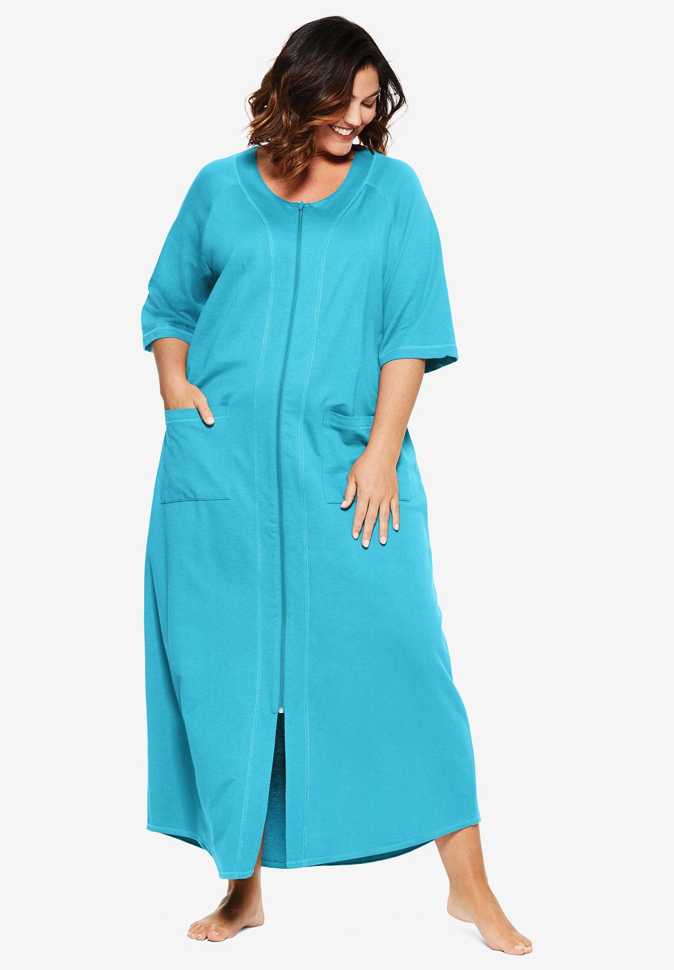 Long French Terry ZipFront Robe by Dreams & Co.® Plus Size Hidden Ellos
