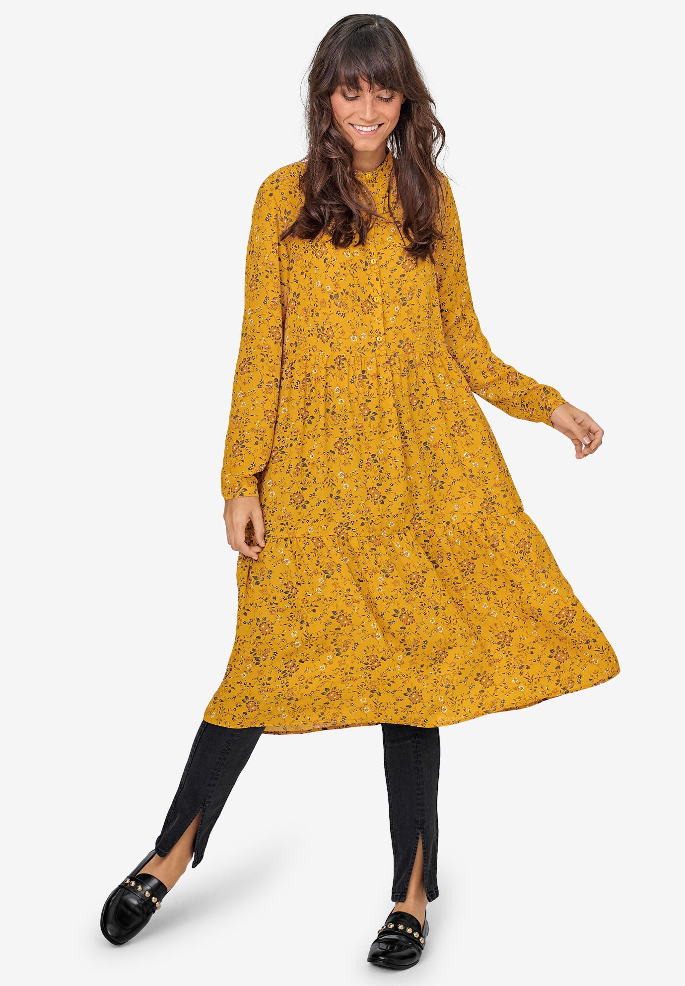 mustard floral midi dress