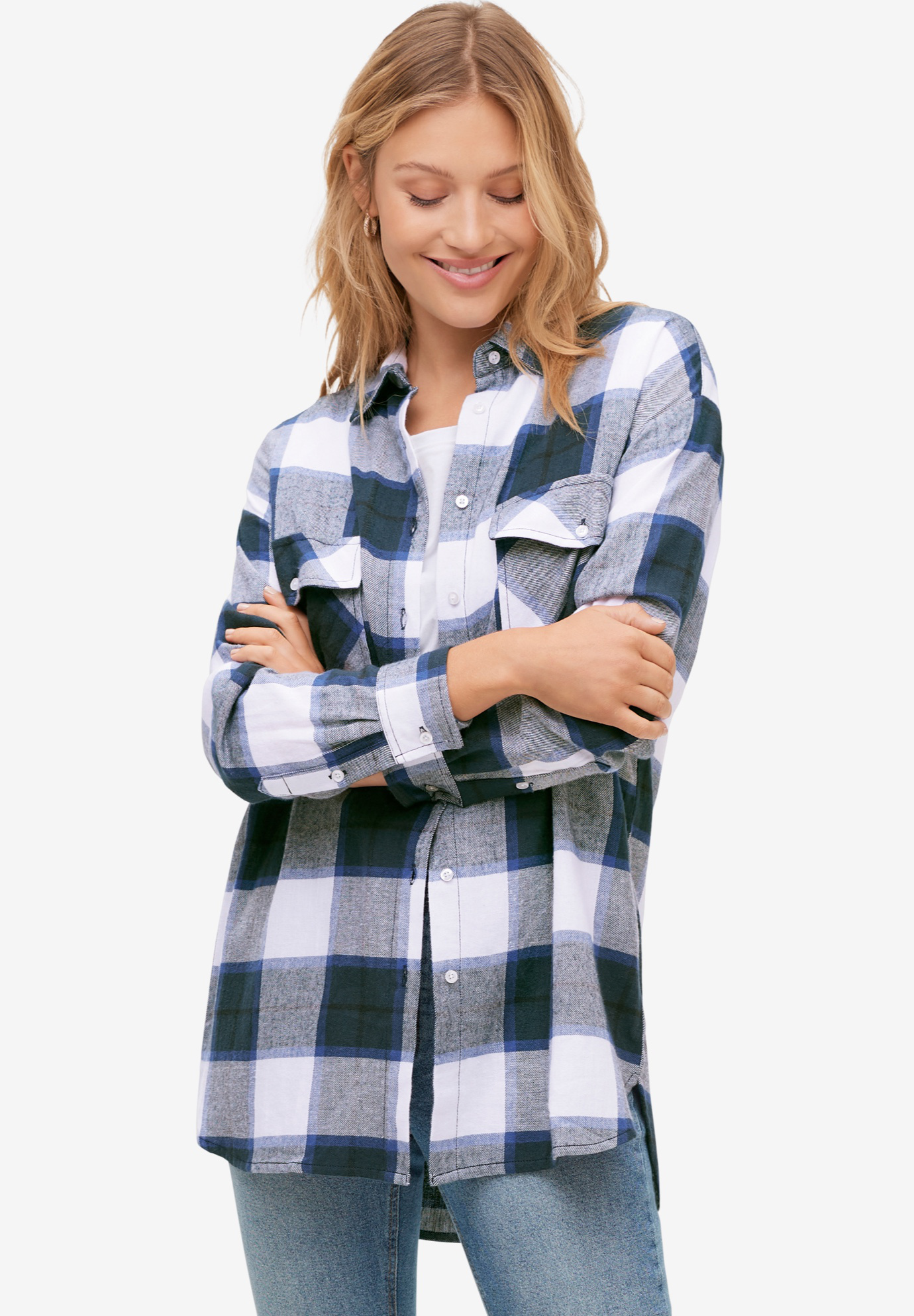 Plaid Button-Front Flannel Tunic, 
