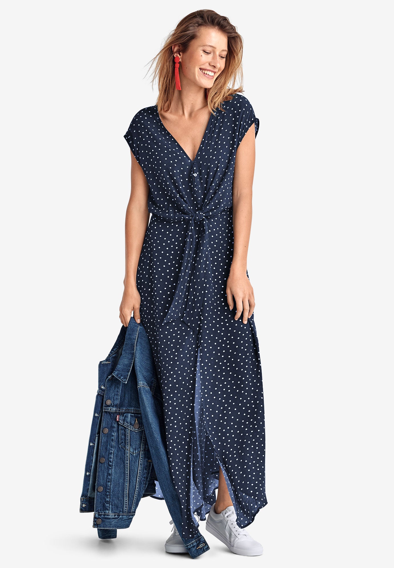 TieFront Maxi Dress with ALine Silhouette, Navy/white Dot Ellos