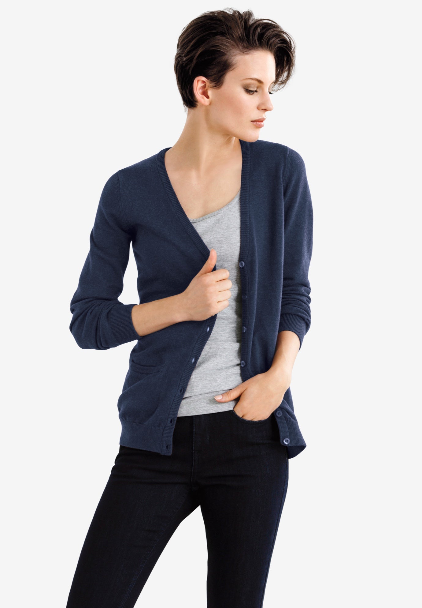 Women's VNeck Cardigan with Pockets, Navy Ellos