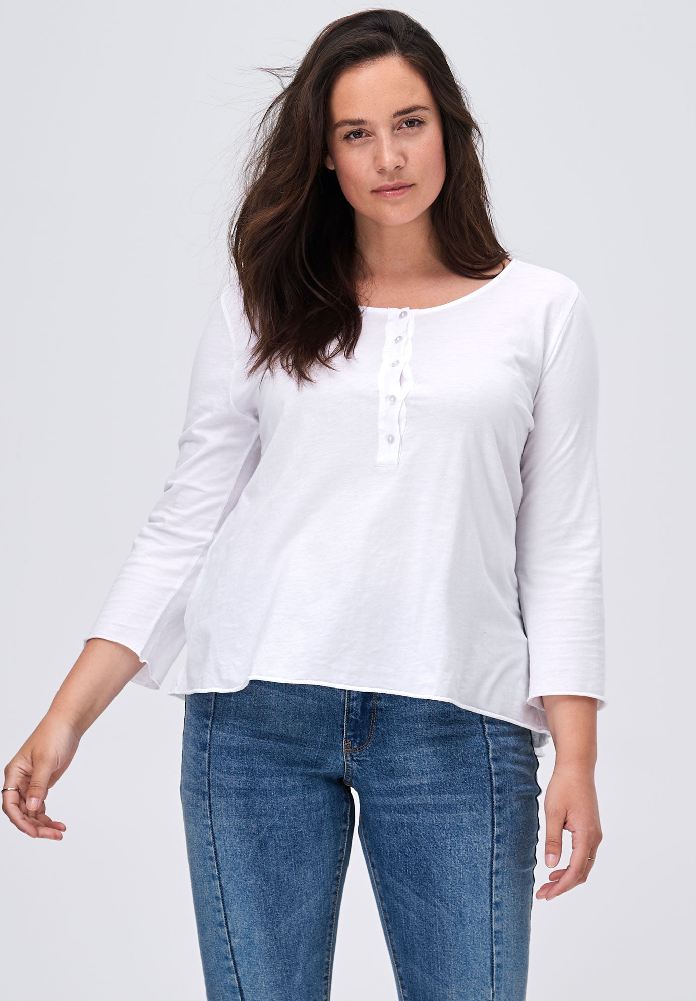 Flounce Back Henley Knit Top by ellos® Plus Size Tops Ellos Flounce Back Henley Knit Top by ellos® Plus Size Tops Ellos