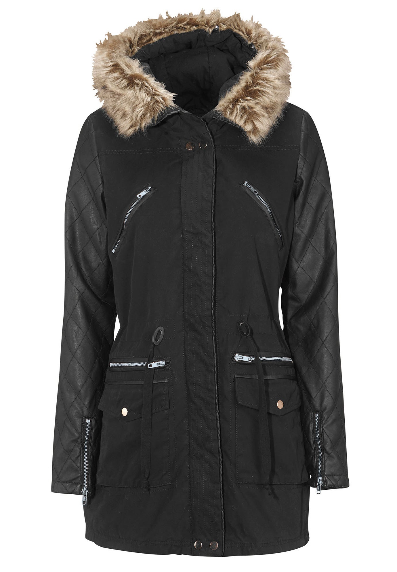 Ellos Womens Plus Size Quilted Faux Leather Sleeve Parka